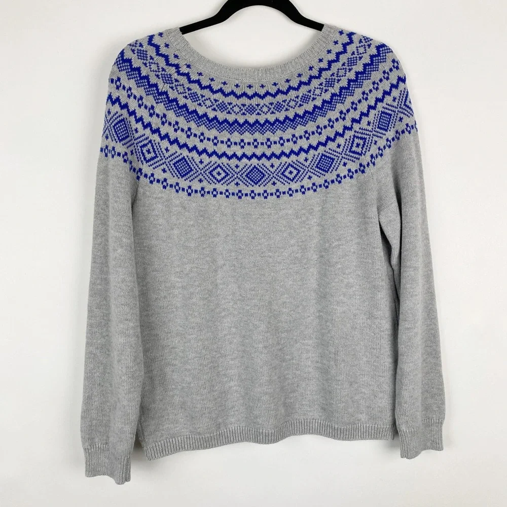 Talbots‎ Fair Isle Sweater Womens Size Large Gray Blue Nordic Cotton Blend Knit